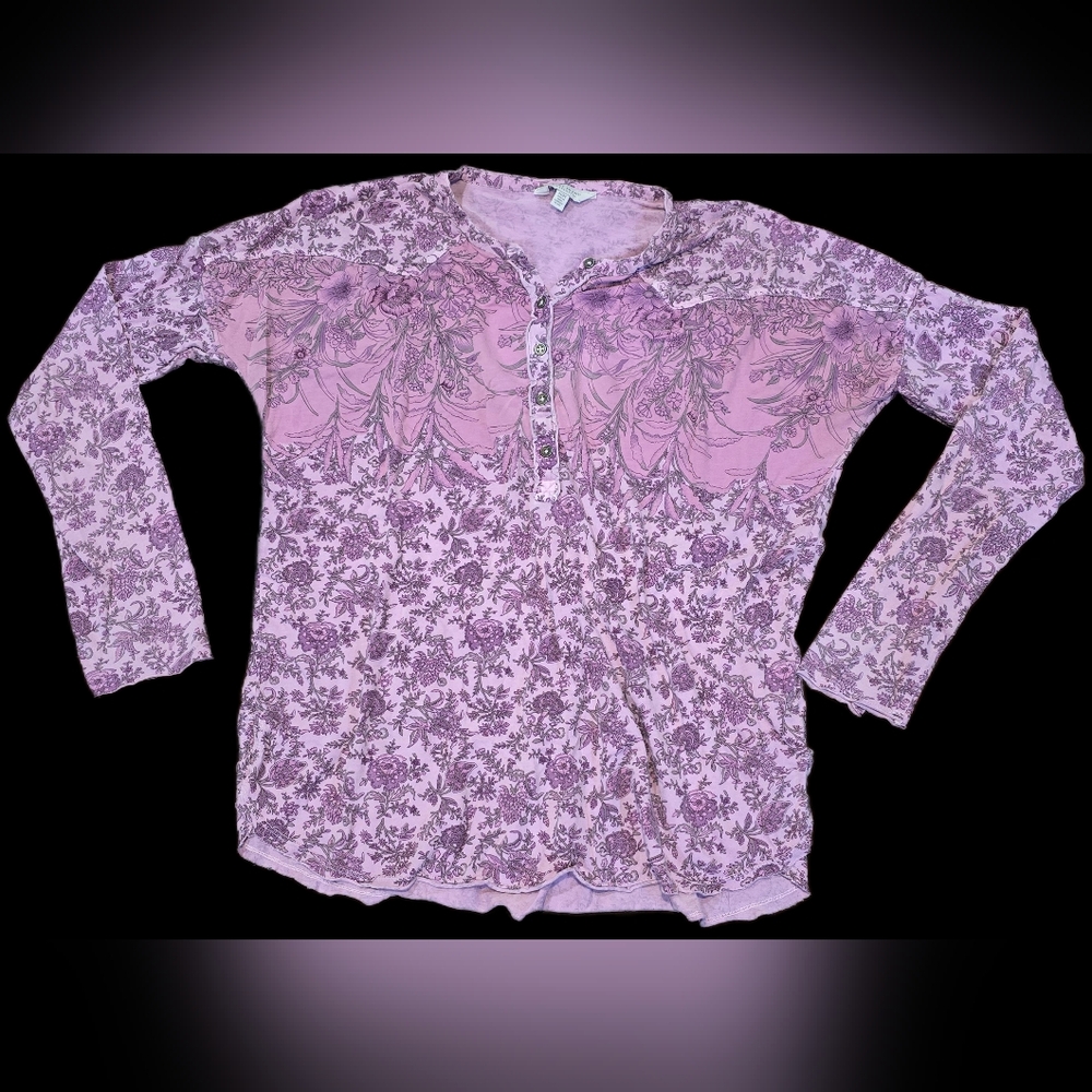 Lucky Brand Women's M, Floral-patterned Henley Top: Boho, Cottagecore, Fairy,